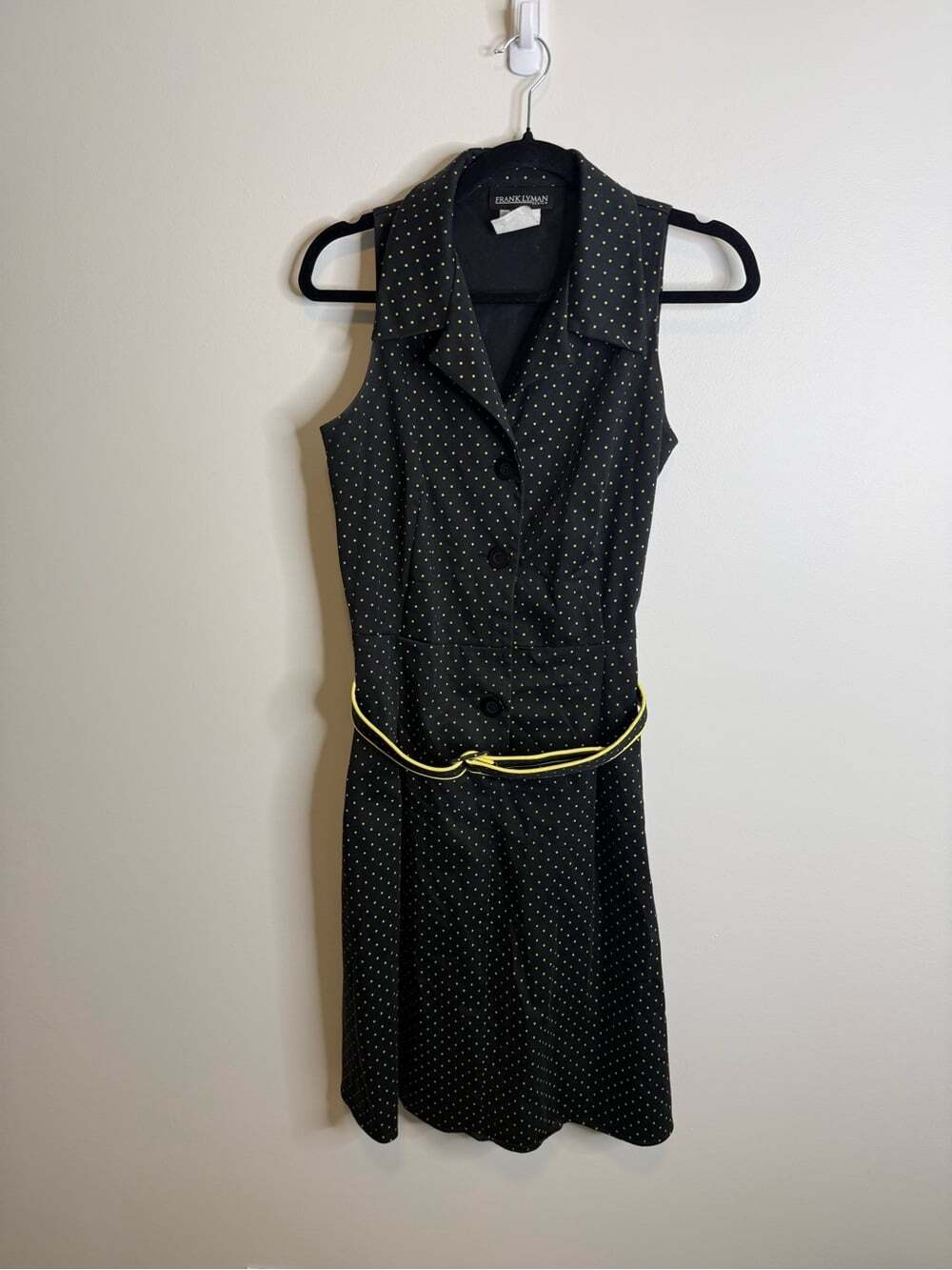Frank Lyman Design Black Polka Dot Midi Dress with Yellow Belt